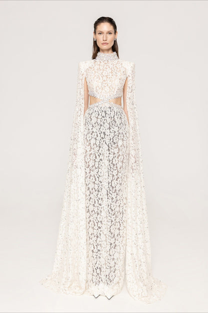 Lace Beaded Sequin Slim Cape Reception Dress