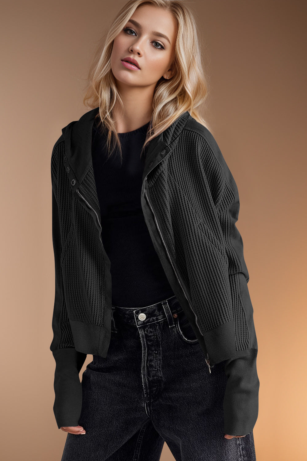 Elsa | Double Take waffle knit long sleeve zip hoodie