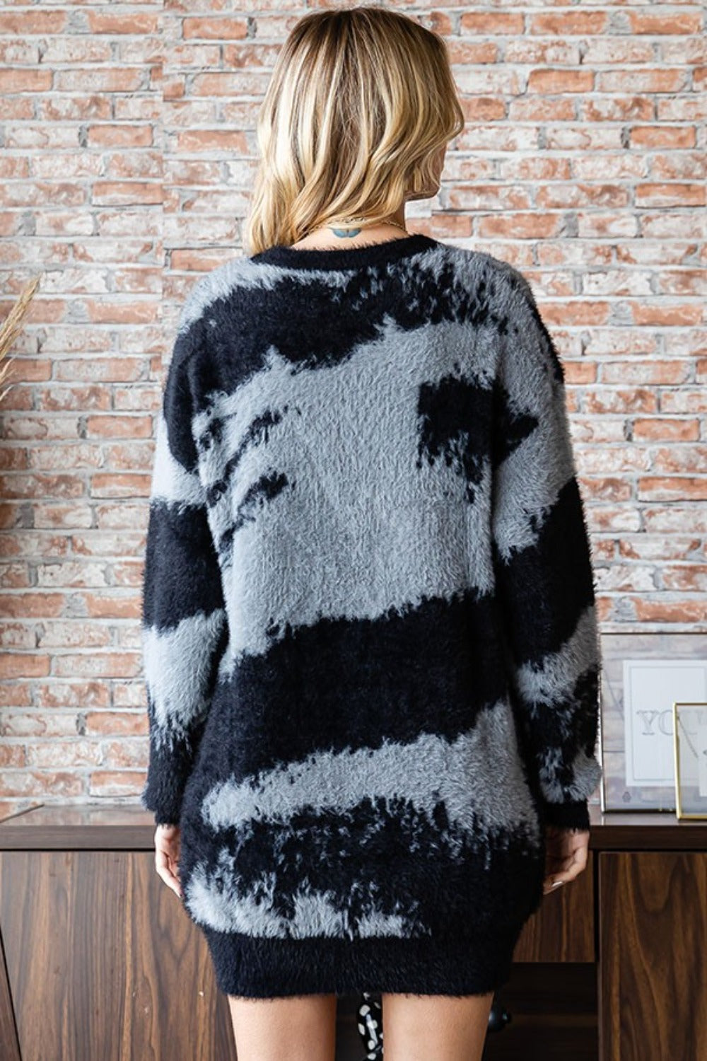 Cristiana | First Love sweater in contrasting feather yarn with abstract pattern in full size