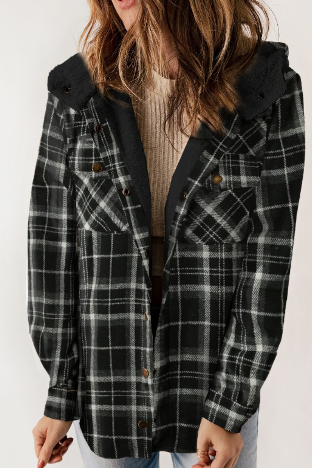 Brigida | Checked button down long sleeve hooded jacket