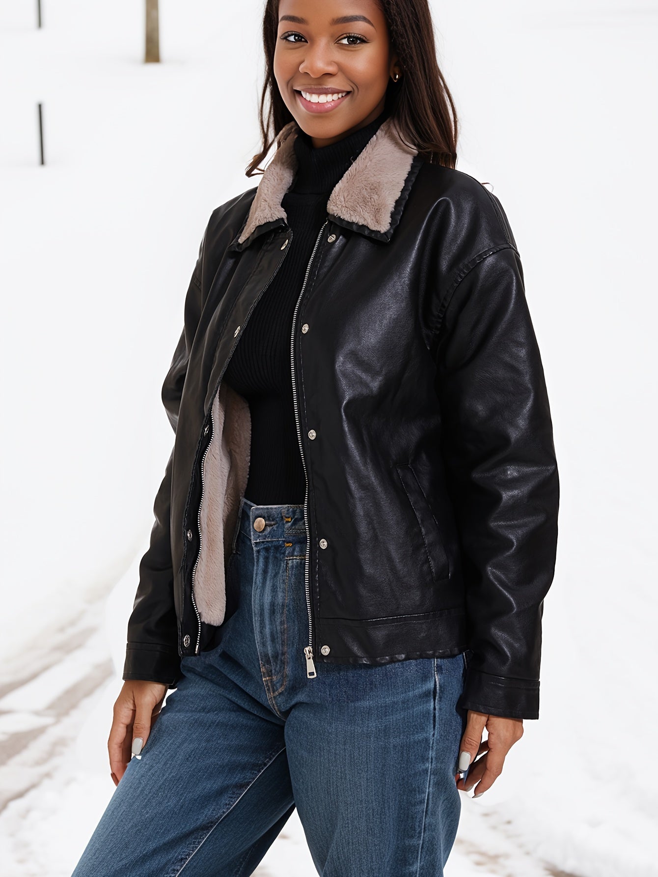 Denise | Fleece lined PU leather jacket
