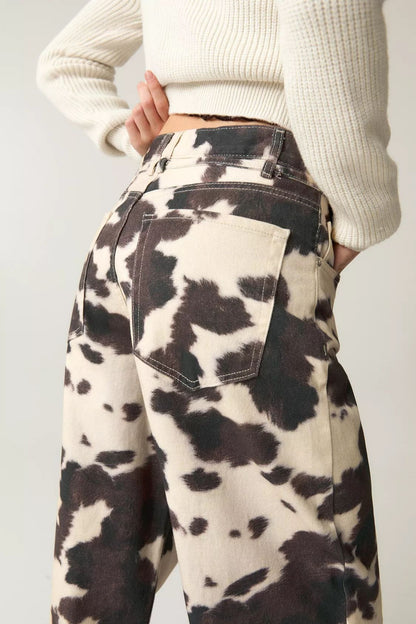 Vintage Cow Print Casual Jeans