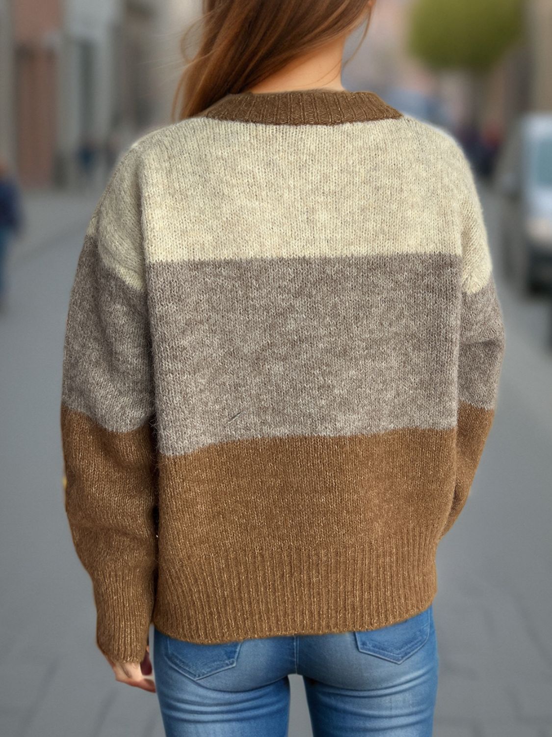 Jacqueline | Color block crew neck cardigan with buttons