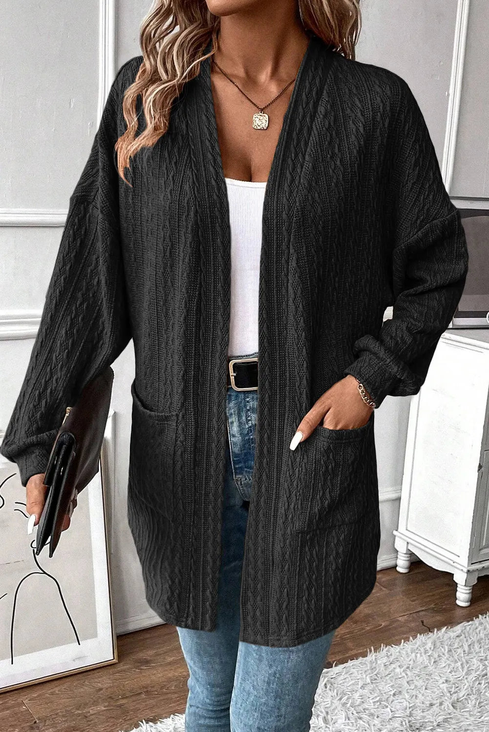 Wendy | Structured open front long sleeve cover with pockets