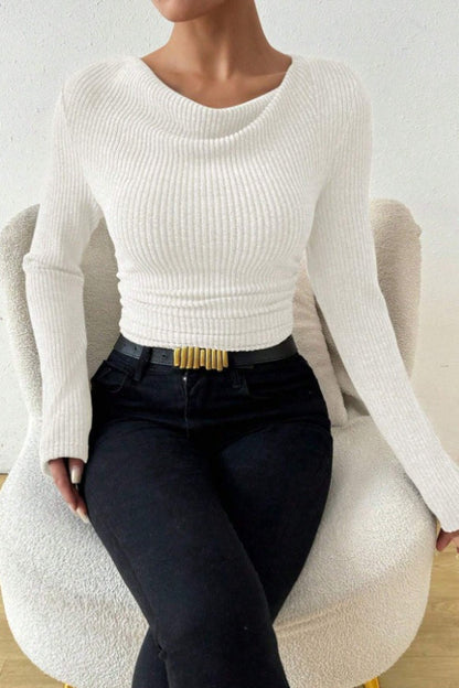 Ruched Cowl Neck Slim Knit Long Sleeve Tee