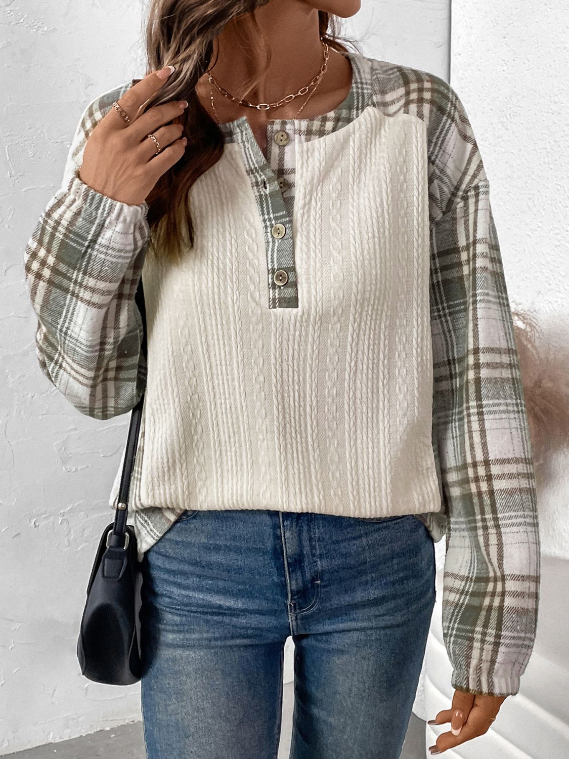 Felicidad | Perfee checked long sleeve half button t-shirt