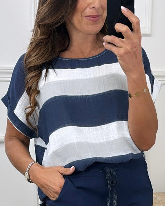 Nelly® | Casual Striped Summer Blouse With A Loose Fit Navy And White Striped Short Sleeve Top