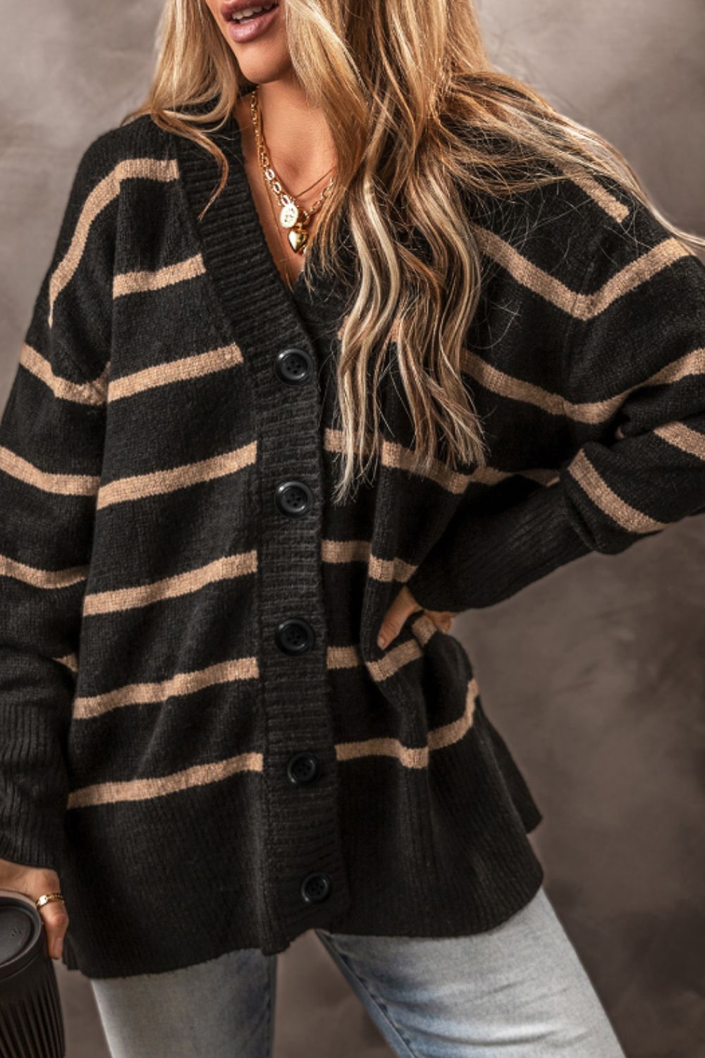 Renata | Striped, long-sleeved cardigan with button placket