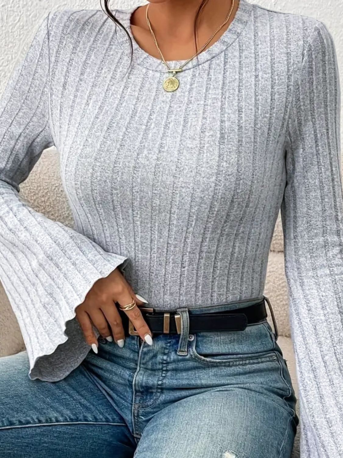 Adelheid | Ribbed crew neck t-shirt with flared sleeves