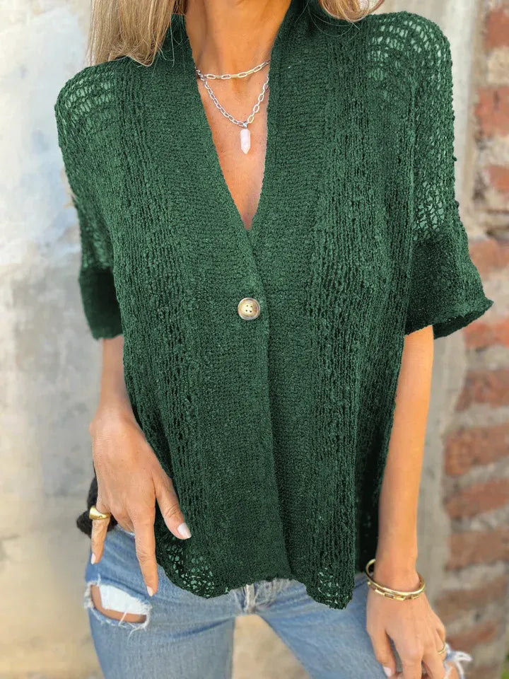 Monica® | Casual Short Sleeve One Button Hollow Out Neckline Top