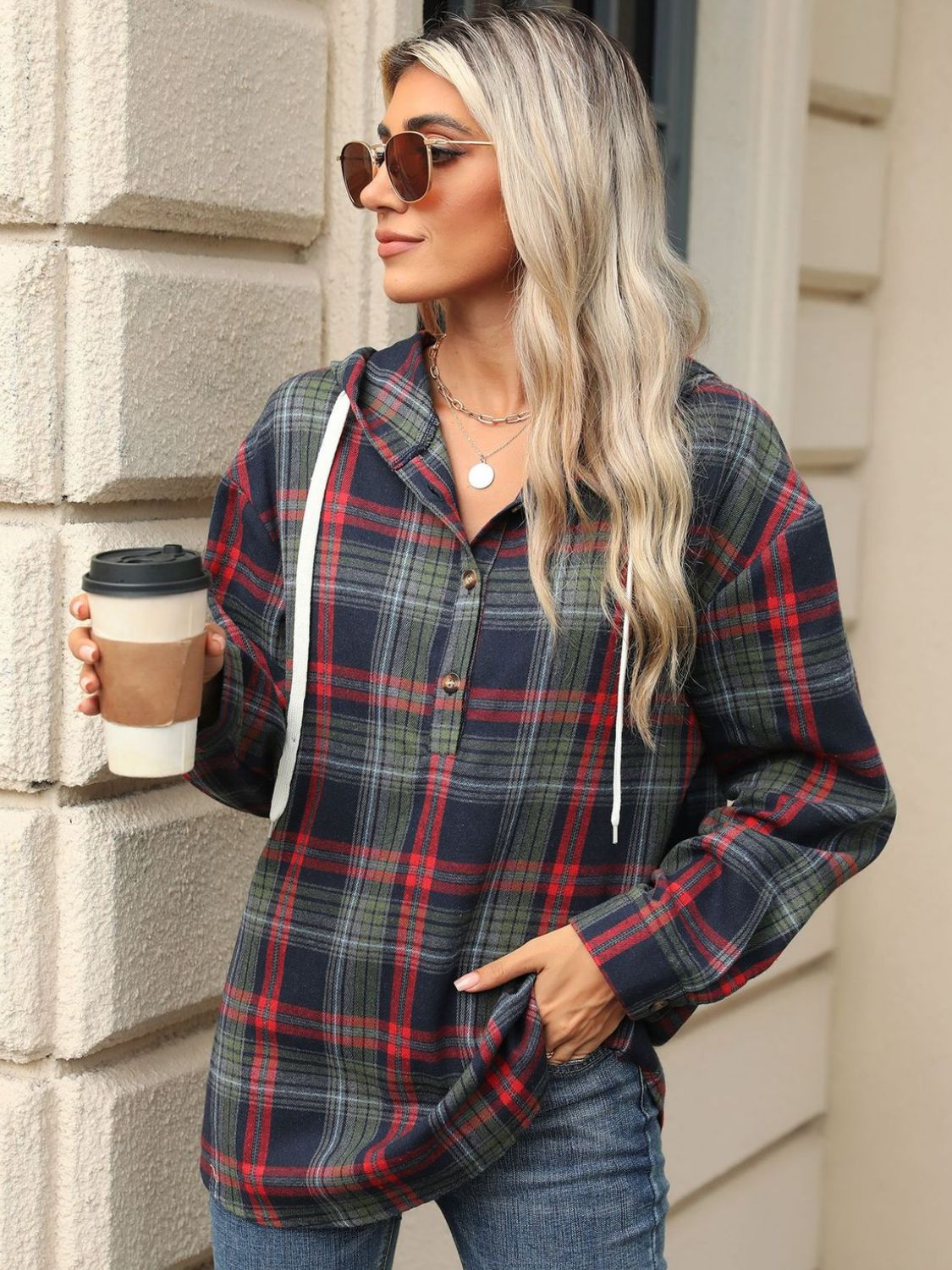 Nathalie | Long sleeve top with drawstring and checked hood