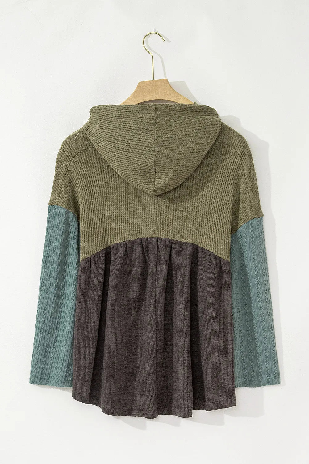 Kristin | Waffle knit high-low color block long sleeve hooded top