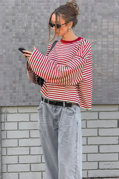 Striped Color Block Crew Neck Loose Long Sleeve Tee
