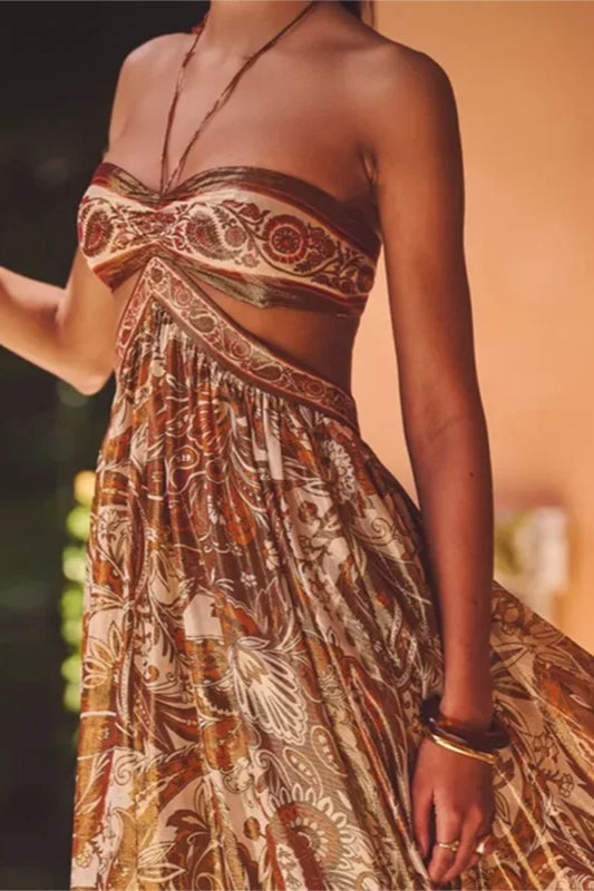 Strapless Lace Up Pleated Boho Dress