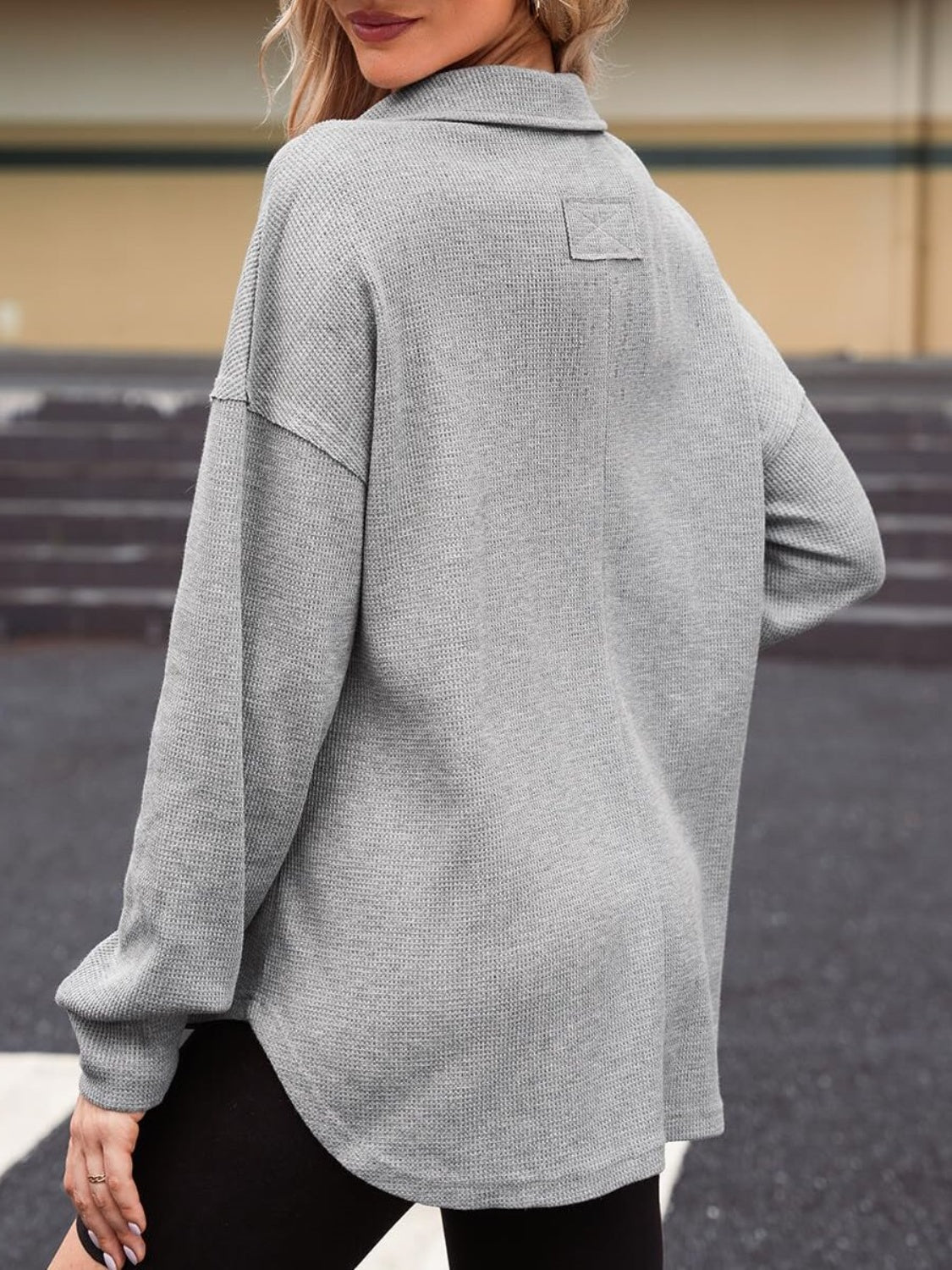 Johanna | Long sleeve waffle knit johnny collar sweatshirt