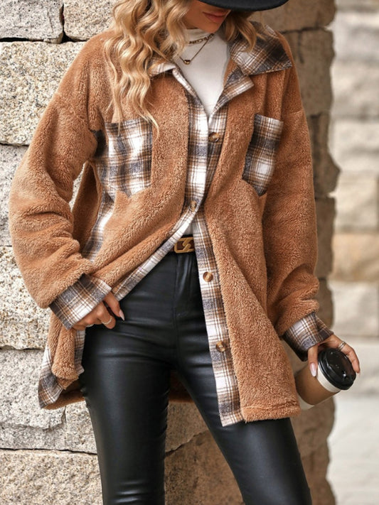 Marta | Checked buttoned fluffy outerwear with long sleeves