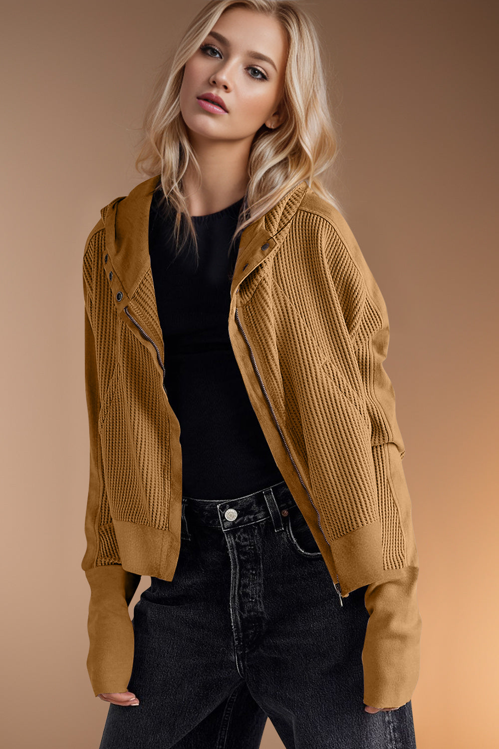 Elsa | Double Take waffle knit long sleeve zip hoodie