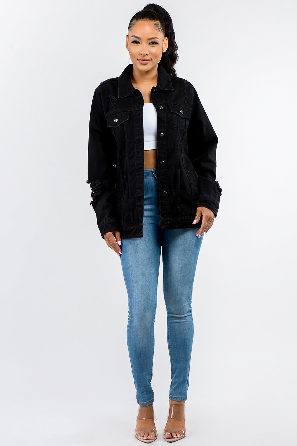 Estela | American Bazi full size distressed denim button down jacket