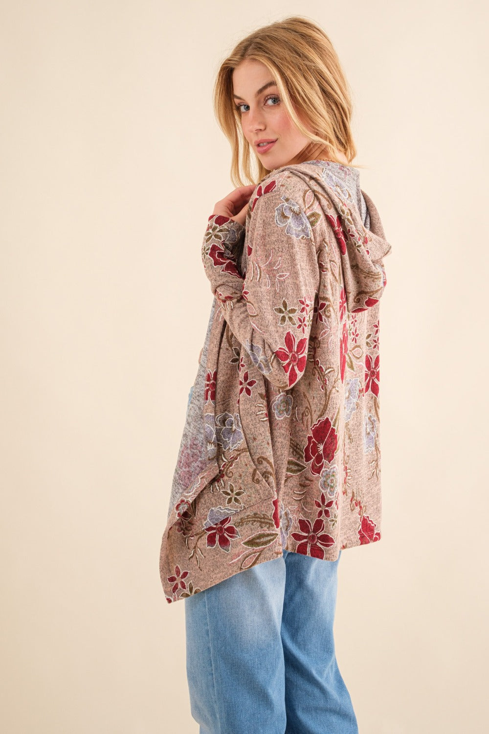 Yasmina | And the Why Floral thermal cardigan with hood and open front