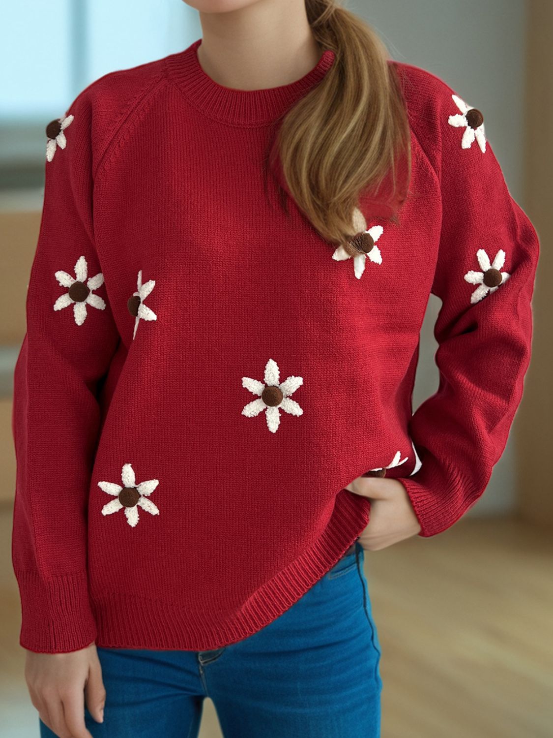 Hana | Floral sweater with a crew neck and raglan sleeves