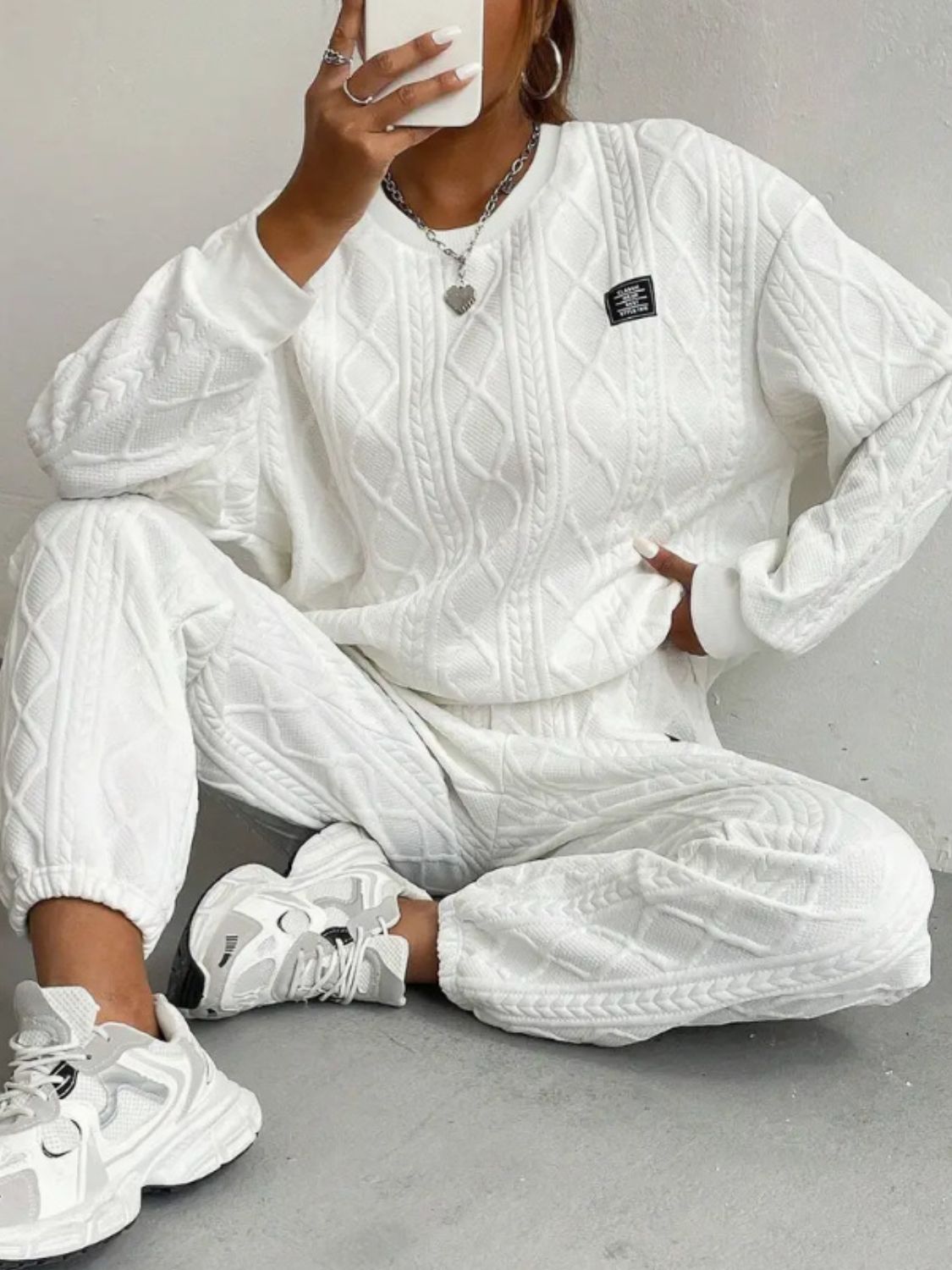 Amelie | Textured crew neck long sleeve top and pants set
