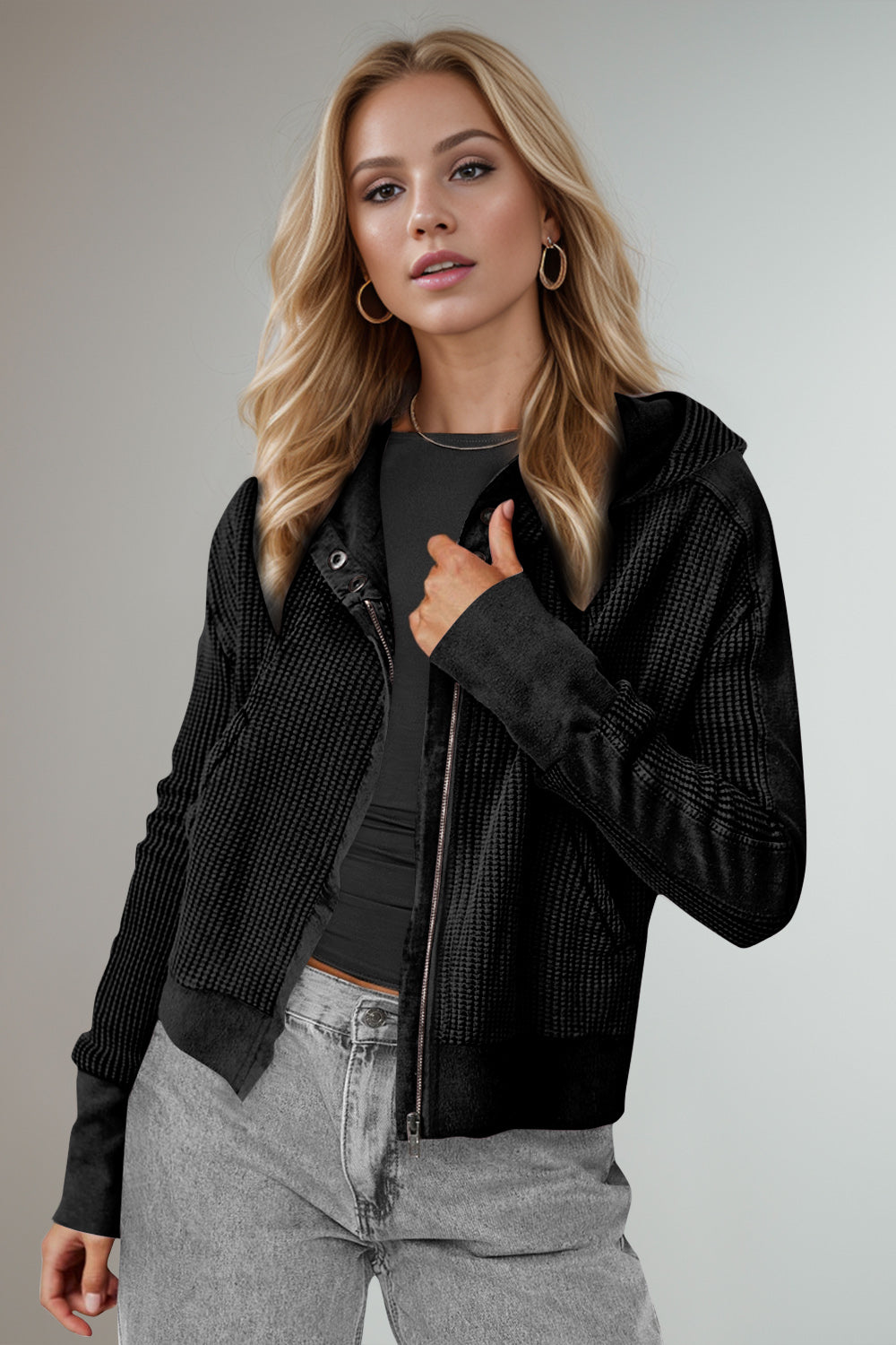 Elsa | Double Take waffle knit long sleeve zip hoodie