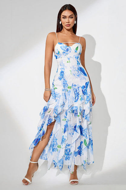 Slit Ruffled Floral Print Party Dress