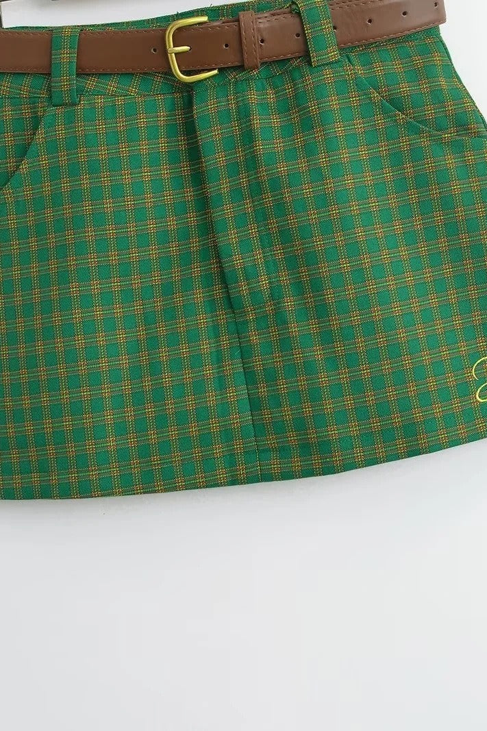 Letter Embroidery Plaid Low Waist Skirt