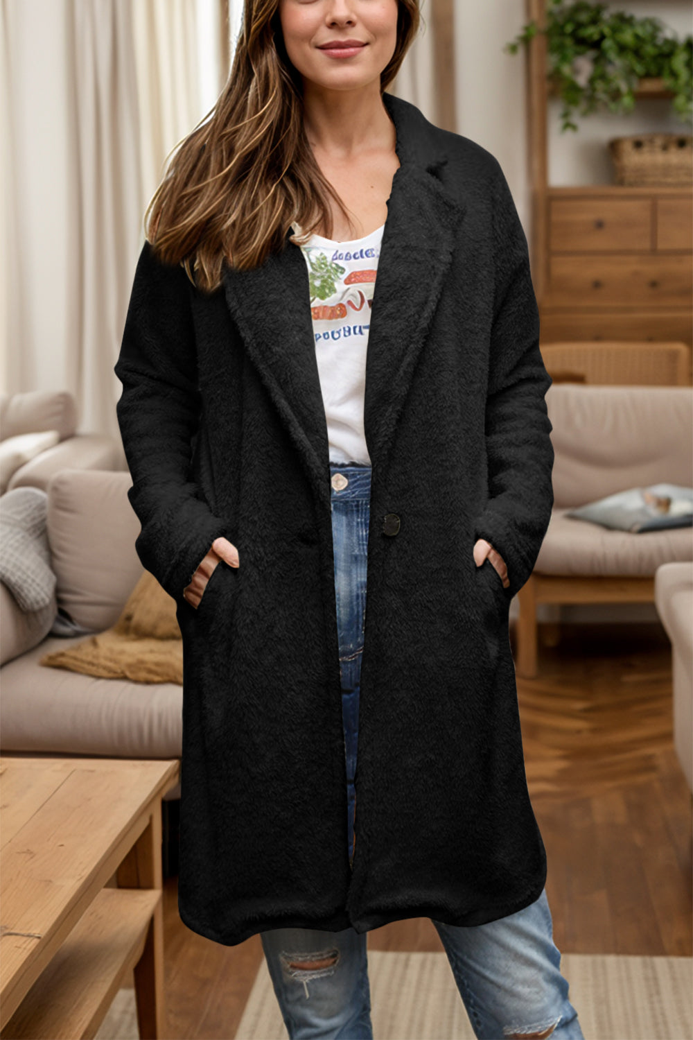 Gertrudis | Full size long sleeve plush one button coat