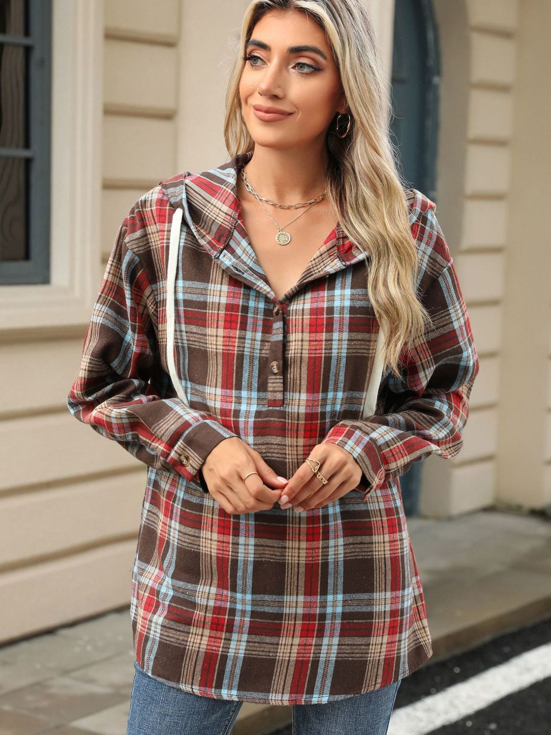 Nathalie | Long sleeve top with drawstring and checked hood