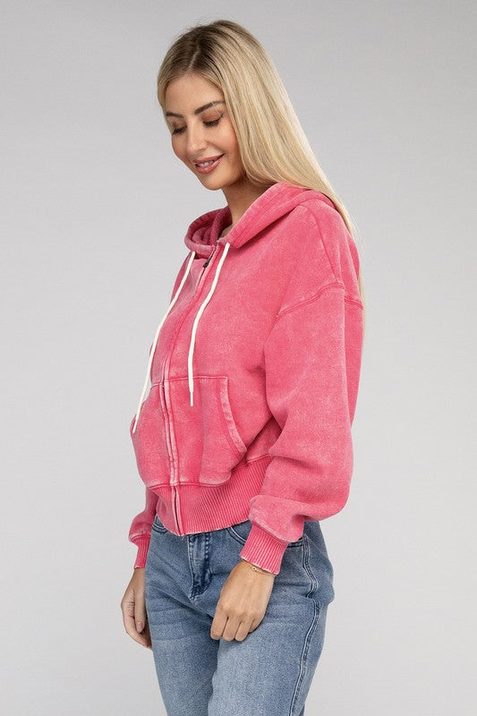 Fabiana | Cropped acid wash fleece zip-up hoodie