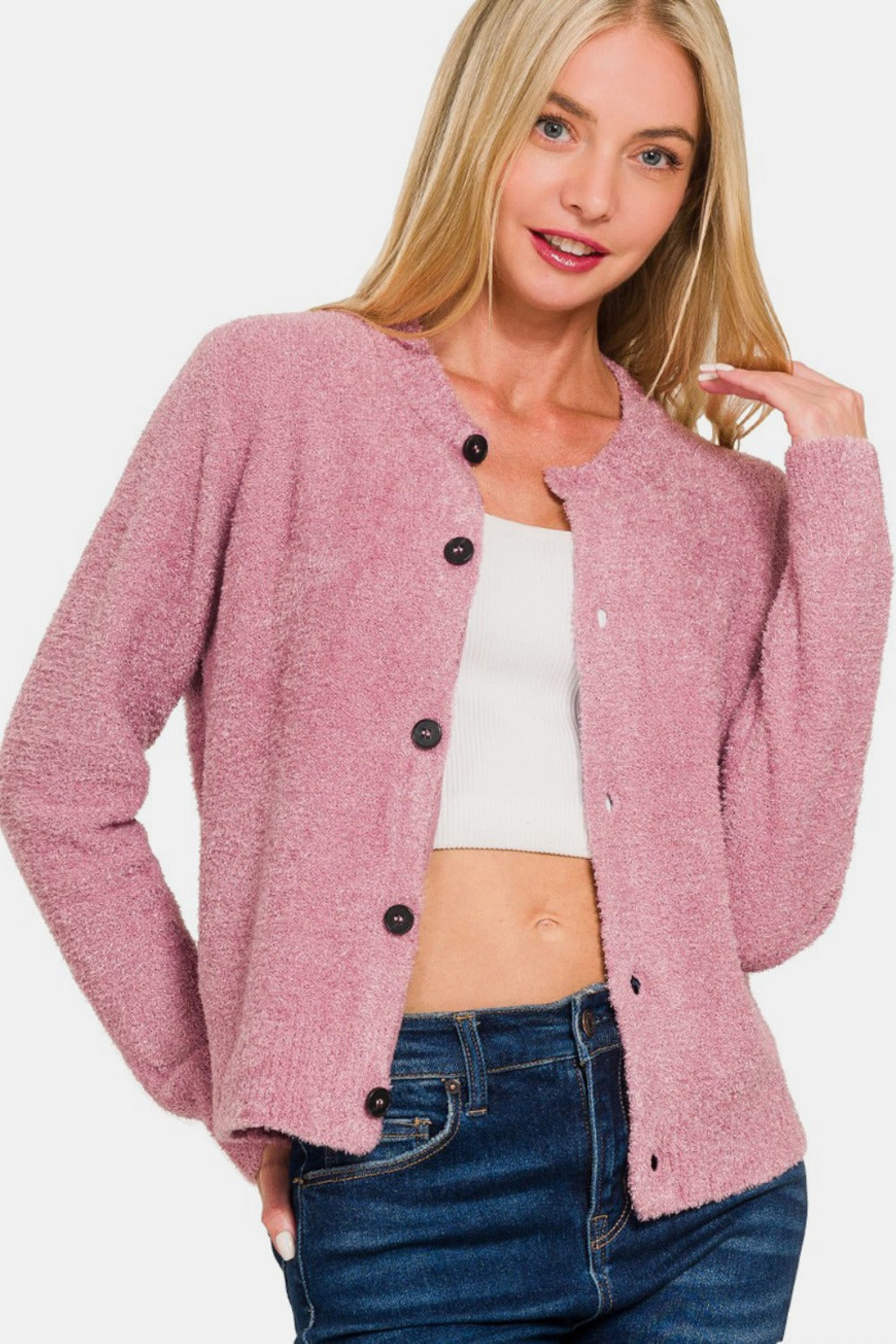 Angela | Long sleeve pullover cardigan with button placket