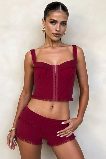 Fashion Snap Button Cami Top Slim Ruffle Shorts Skirt Set