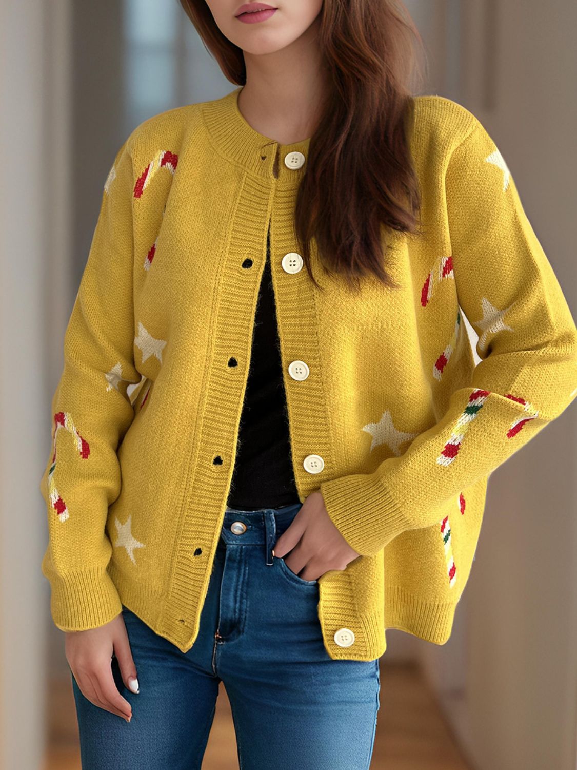 Justina | Candy Cane & Star button-front long-sleeved cardigan.