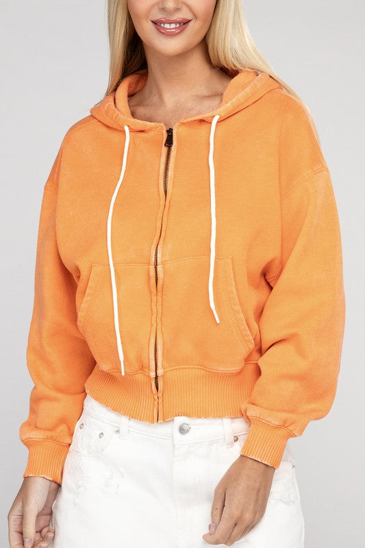 Fabiana | Cropped acid wash fleece zip-up hoodie