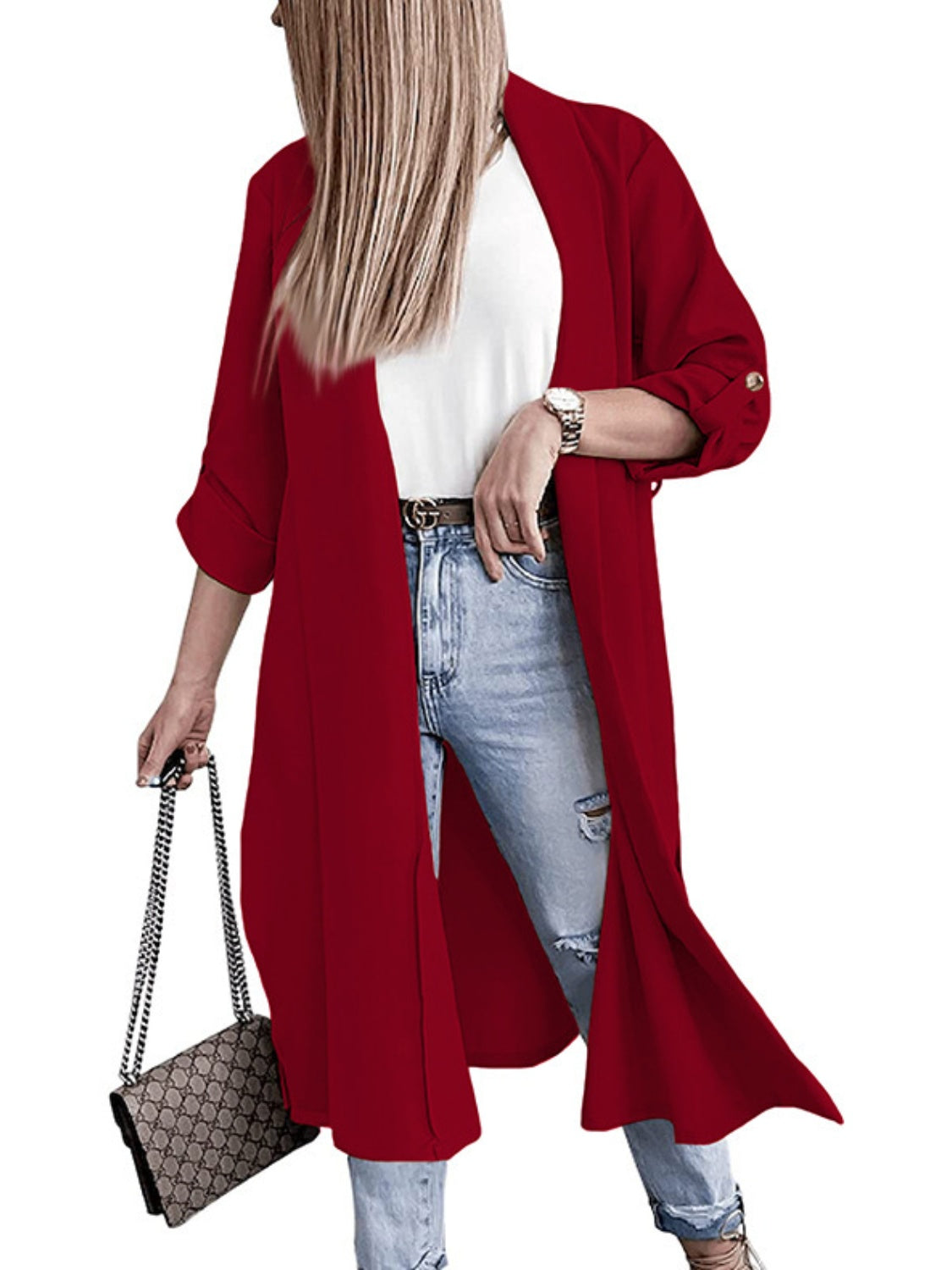 Marianna | Slit trench coat with roll tab sleeves open at the front