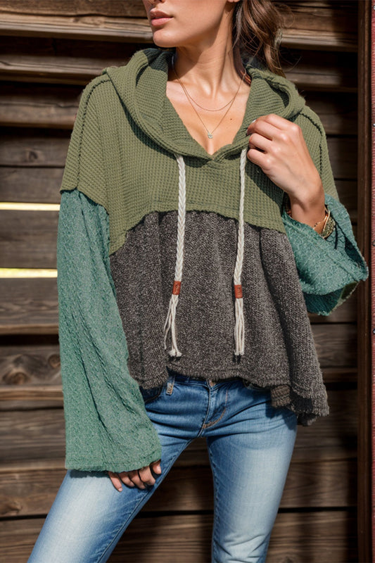 Kristin | Waffle knit high-low color block long sleeve hooded top