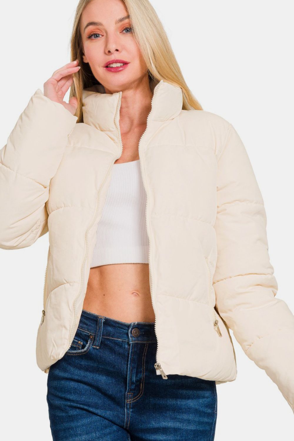 Angela | Zenana turtleneck puffer jacket with zip and pockets