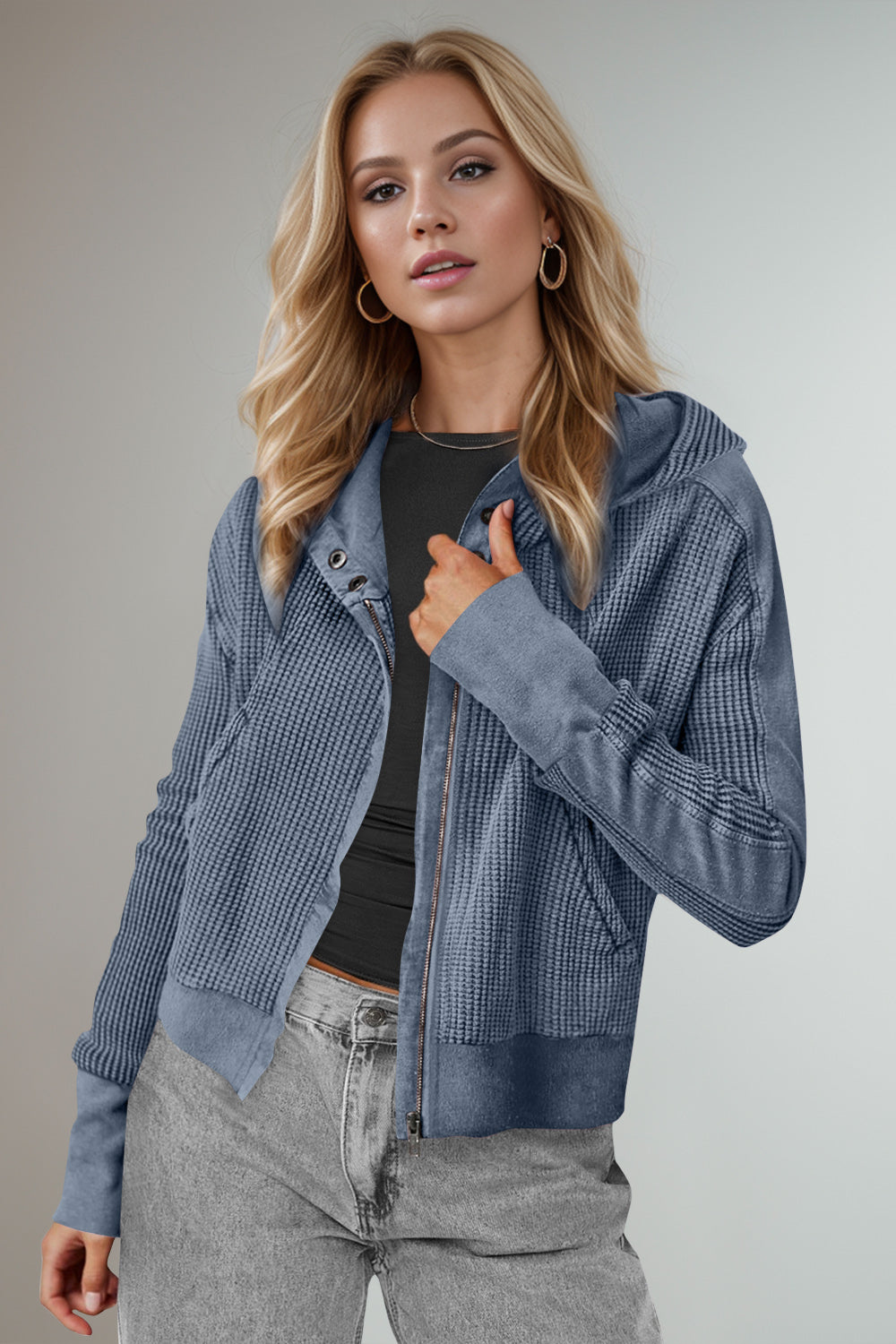 Elsa | Double Take waffle knit long sleeve zip hoodie