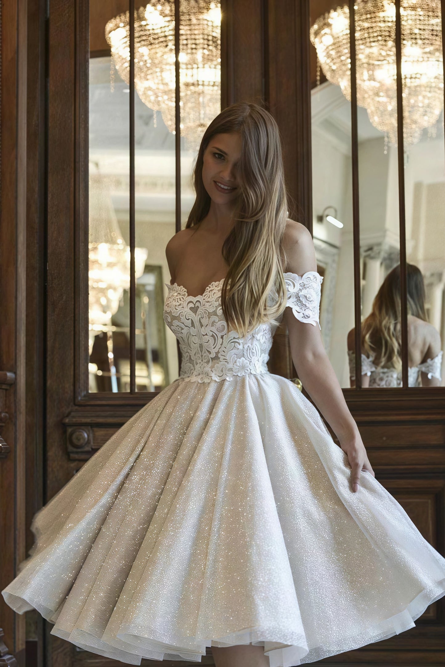 Elegant V Neck Off Shoulder Glitter Lace Tie Back Reception Dress