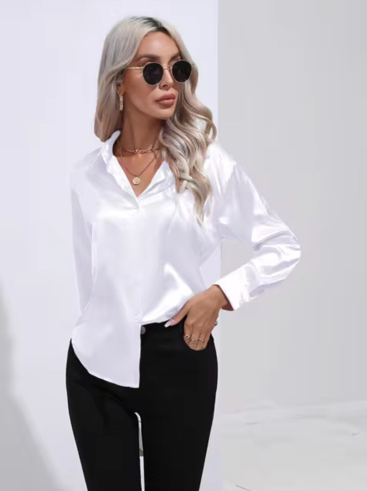 Eleanor® | Long Sleeve Satin Blouse