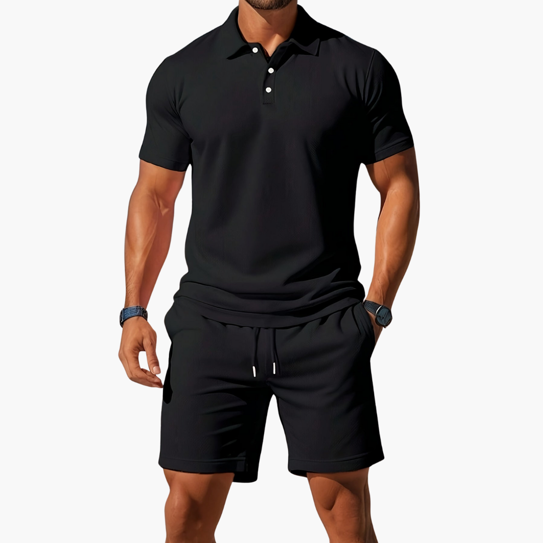 Men's Short Sleeve Polo and Shorts Set with Drawstring Waist