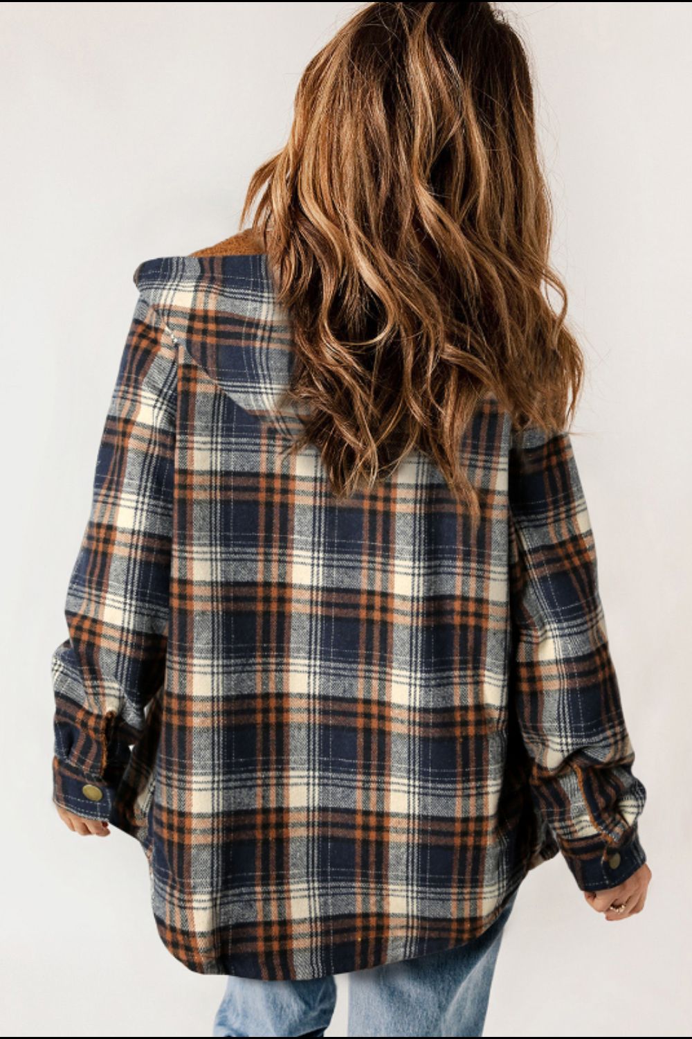 Brigida | Checked button down long sleeve hooded jacket