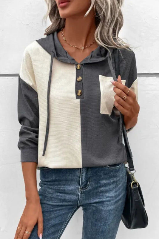 Yesenia | Two-tone long-sleeved waffle knit hoodie