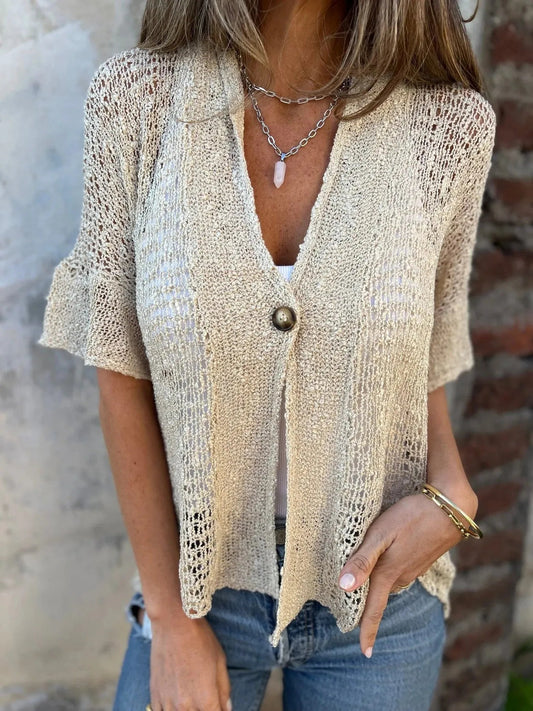 Monica® | Casual Short Sleeve One Button Hollow Out Neckline Top