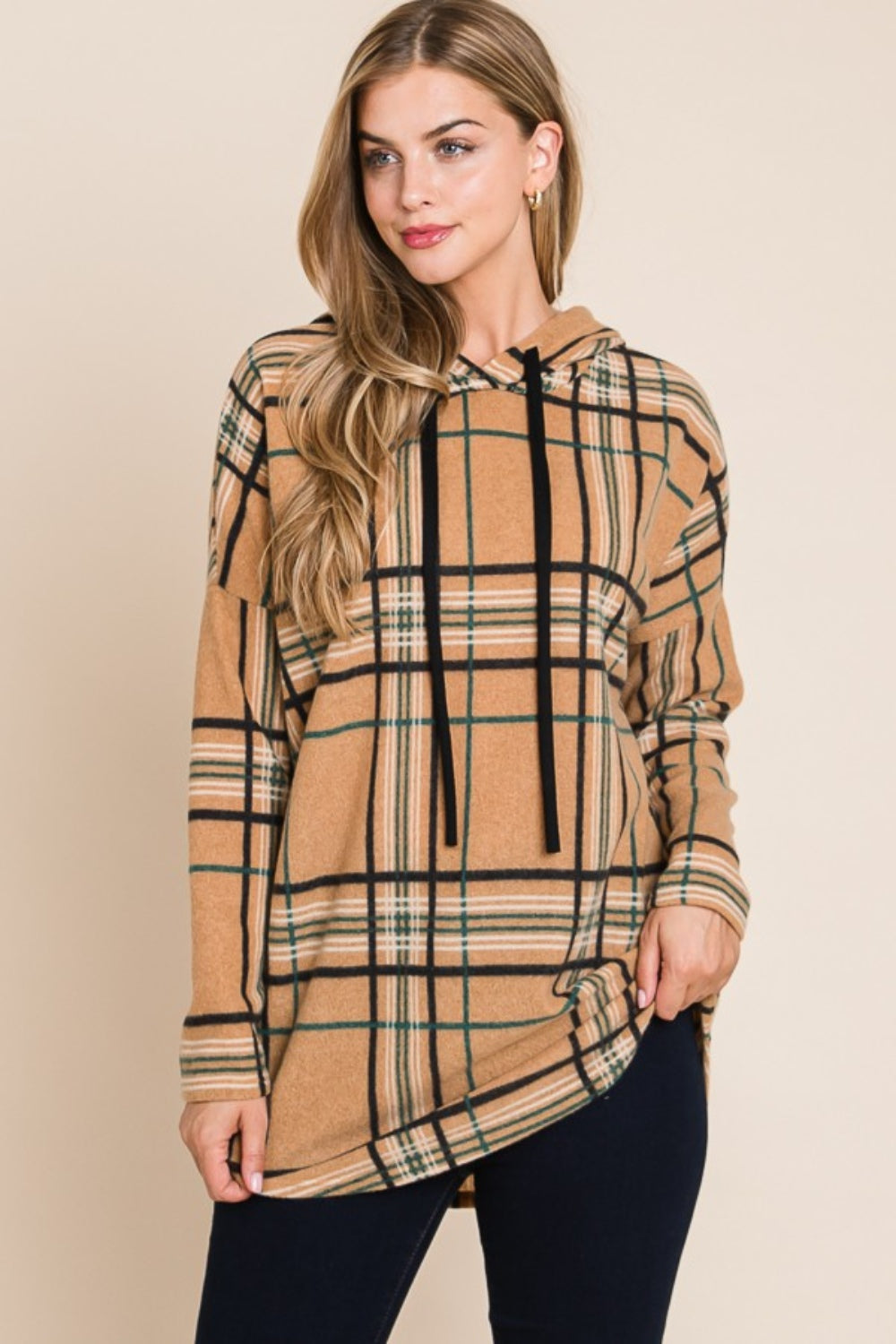 Elfriede | Drawstring hoodie with check pattern and long sleeves