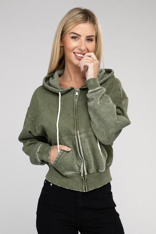 Fabiana | Cropped acid wash fleece zip-up hoodie