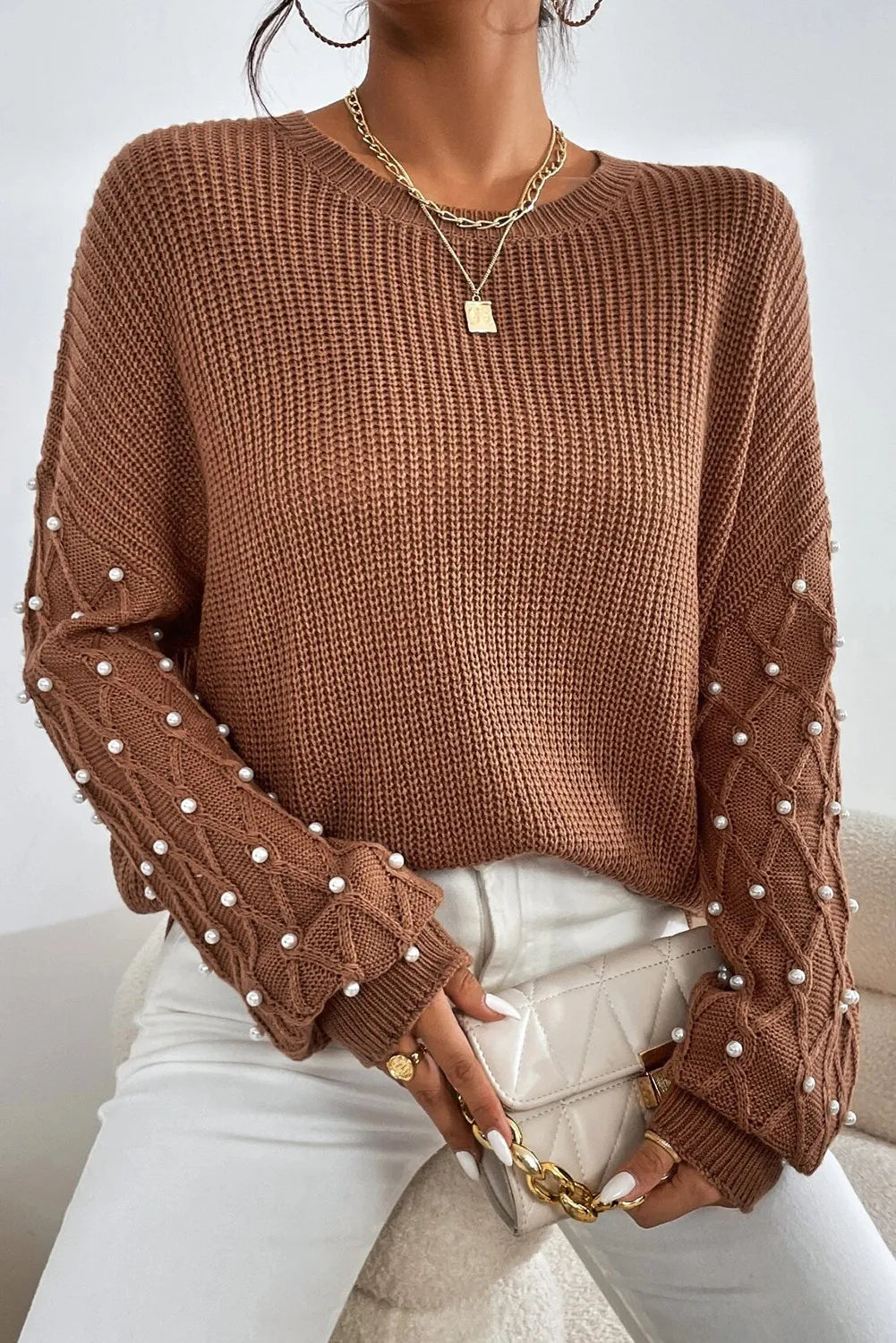 Sofia | Long sleeve crew neck sweater with pearl detail