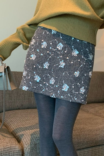 Embroidered Sequin High Waist A-Line Skirt