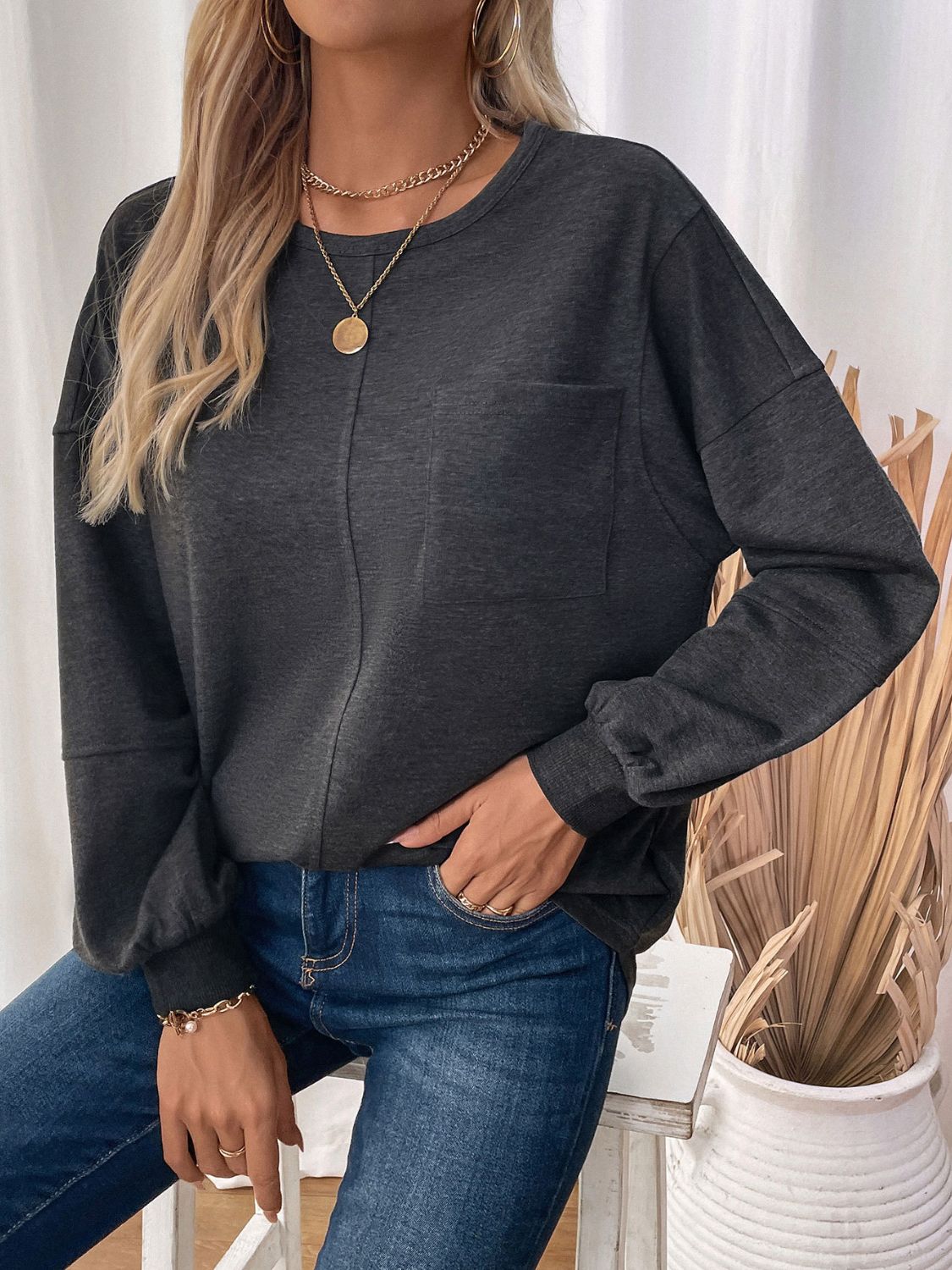 Ingrid | Perfee long sleeve crew neck sweatshirt with pockets